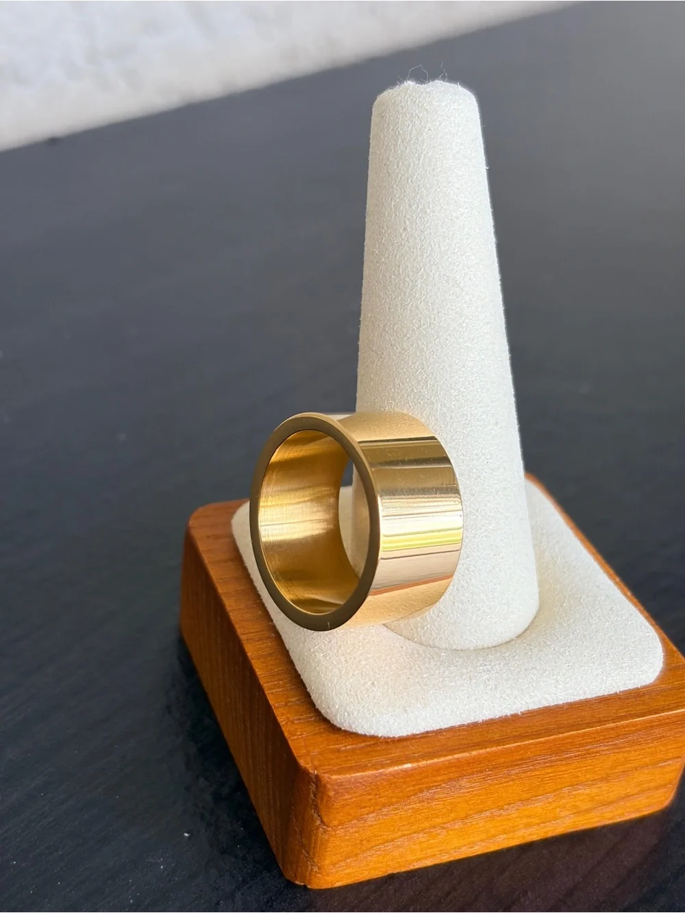 Wide Polished Gold Tone Stainless Steel Band Ring